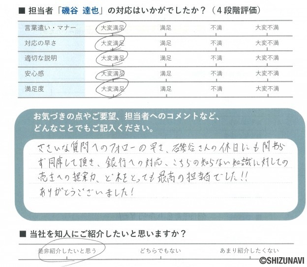 静岡市葵区の中古住宅をご購入されたM.H様から頂いた声