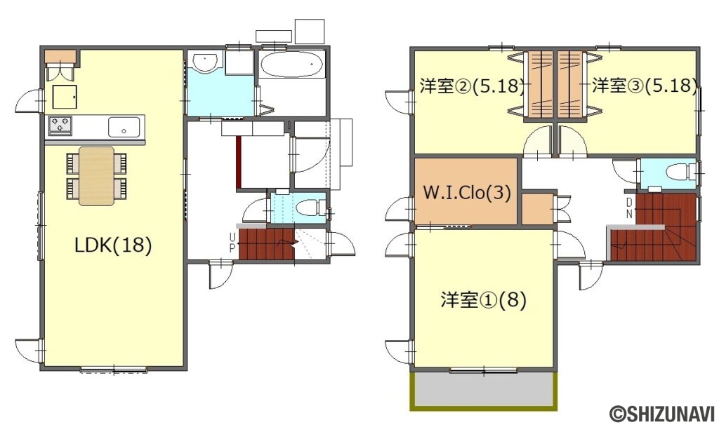 浜松市中区幸　新築一戸建て【B号棟】の3LDK（1F：LDK18、2F：洋室8帖、洋室5.1帖、洋室5.1帖）の間取り図