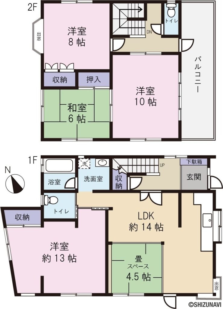 富士市厚原　戸建　間取図の中古住宅4LDK（1階　LDK約18.5帖（内4.5帖畳スペース）、洋室約13帖　　2階　洋室10帖、洋室8帖、和室6帖）