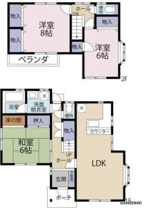 富士宮市宮原　中古住宅　2台駐車可能の3LDK（和室６帖、洋室８帖、洋室６帖、LDK14帖）の間取り図