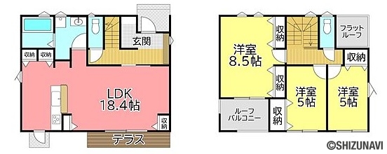 富士市宮下　新築　建売　間取の新築一戸建て3LDK（ＬＤＫ18.4帖、洋室8.5帖、洋室5帖、洋室5帖）