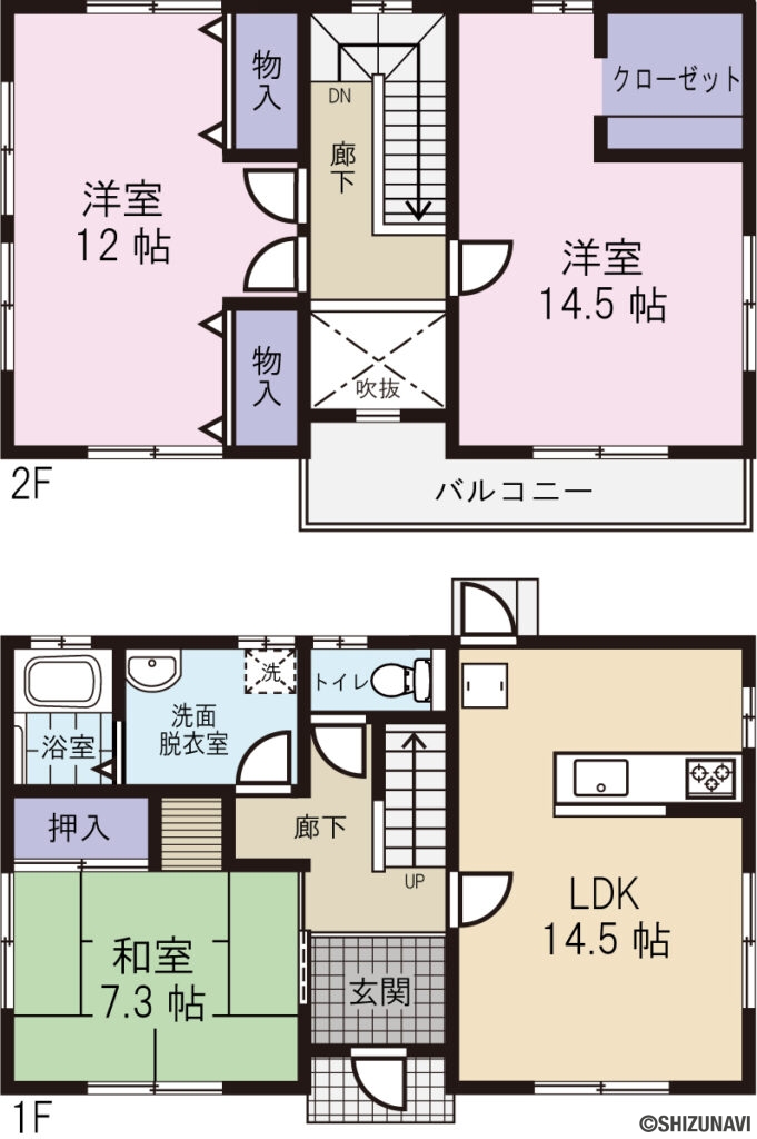間取り図の中古住宅3LDK（リビング14.5帖/和室7.3帖/洋室14.5帖/洋室12帖）
