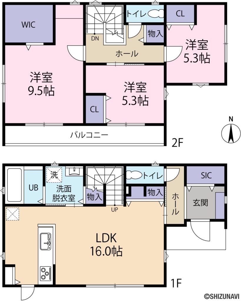 浜松市中区向宿　建売　新築の新築一戸建て3LDK＋S（ＬＤＫ16.0帖、洋室9.5帖、洋室5.3帖×2）