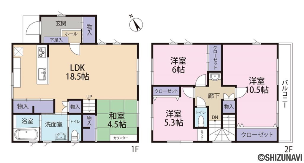 富士市今泉　4LDK　FP工法の住宅の4LDK（1階　リビングダイニングキッチン：18.5帖、和室4.5帖
2階　洋室：10.5帖、洋室：6帖、洋室：5.3帖）の間取り図