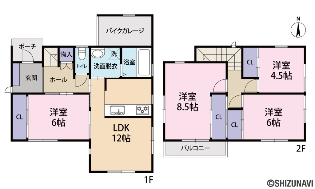 浜松市中央区楊子町　中古住宅の4LDK（1F　LDK12帖、洋間6帖
2F　洋間4.5帖、洋間8.5帖、洋間6帖
バイクガレージ）の間取り図