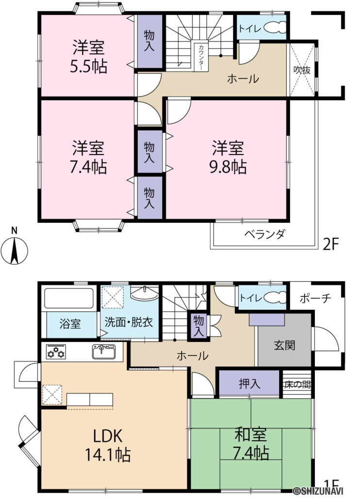 富士市本市場　4LDK　メーターモジュール設計の中古住宅の4LDK（1階：LDK約14.1帖、和室約7.4畳
2階：洋室約9.8帖、洋室約7.4帖、洋室約5.5帖）の間取り図