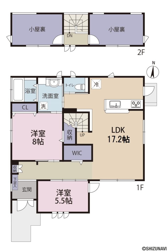 間取り図の中古住宅2LDK＋S（LDK17帖、主寝室8帖、洋室5.5帖、小屋裏部屋×２）