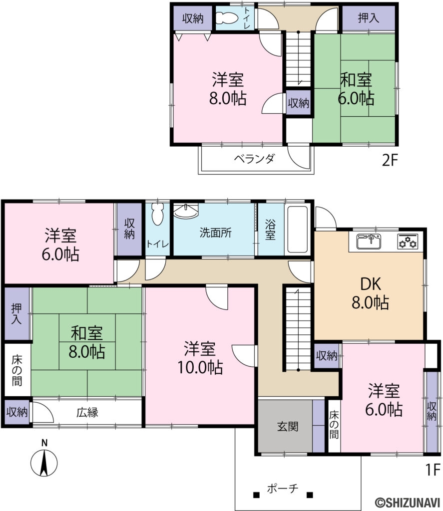 富士宮市阿幸地町　リノベーション中古住宅の6DK（DK 約8帖
洋室　約6帖、10帖、6帖、8帖
和室　約8帖、6帖
）の間取り図