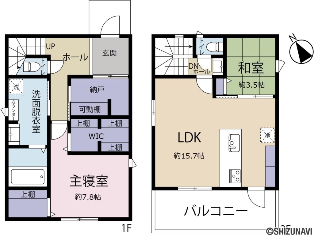西富士道路までアクセス良好！築浅の富士宮市小泉　セキスイツーユーホーム　2ＳＬＤＫ　の2SLDK（【1F】
洋室（主寝室）：約7.8帖
【2F】
LDK：約15.7帖、和室：約3.5帖


）の間取り図