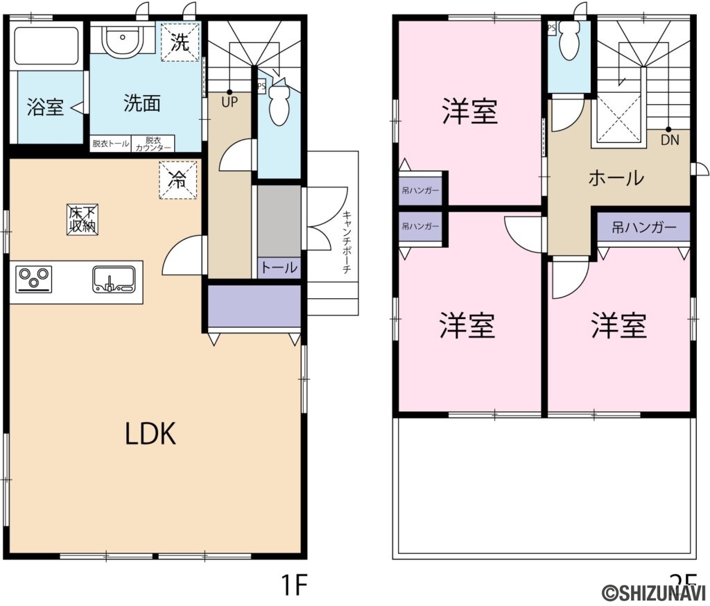 【仲介手数料不要】静岡市清水区堂林　セキスイハイム施工の3LDK（1階：リビングダイニングキッチン
2階：洋室×3）の間取り図