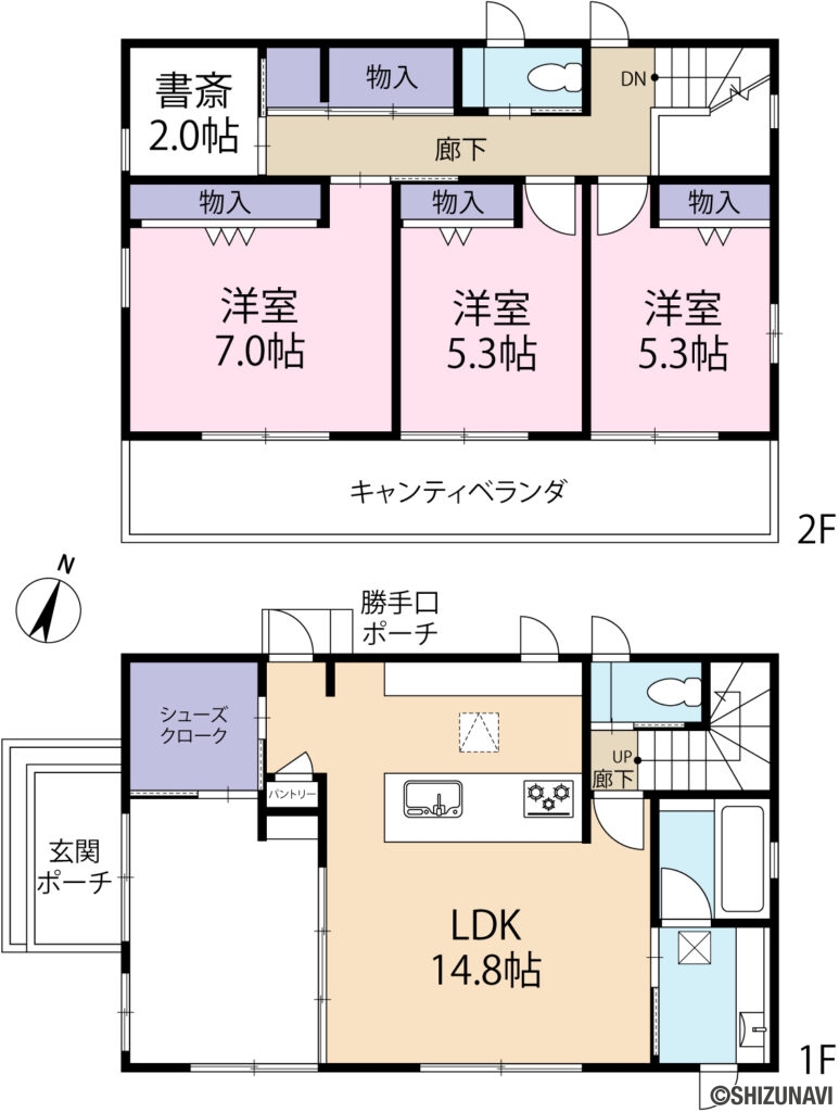 浜松市中央区大山町　3SLDK　築浅のヘーベルハウス物件の3SLDK（リビングダイニングキッチン14.8帖、洋室7.0帖、5.3帖、5.3帖）の間取り図