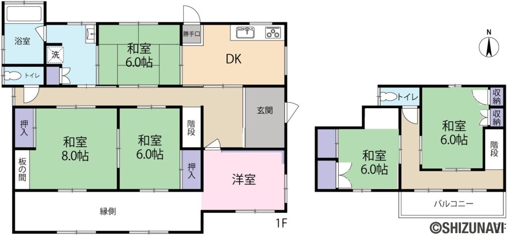 富士市比奈　中古住宅　駐車場はカーポート付き　2台駐車可能の6DK（※現況と異なる場合には現況を優先します。
各居室の帖数については概ねの広さになります。）の間取り図