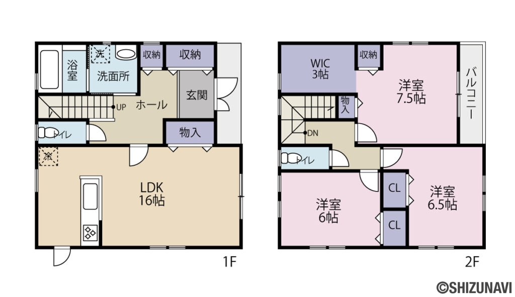 富士市五貫島　中古住宅の中古住宅3LDK（1階：LDK 16帖／
2階：洋室 7.5帖+WIC3帖・洋室 6.5帖・洋室 6帖）