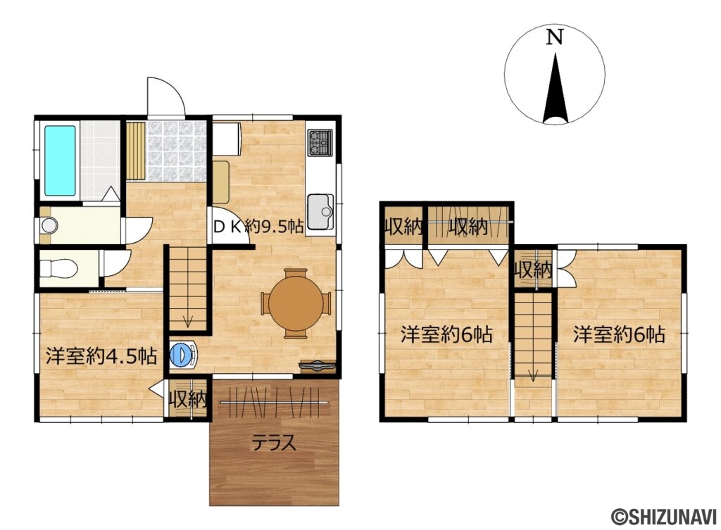 浜松市中央区中野町　中古住宅の中古住宅3DK（ダイニングキッチン約9.5帖、洋室6帖×2、洋室約4.5帖）