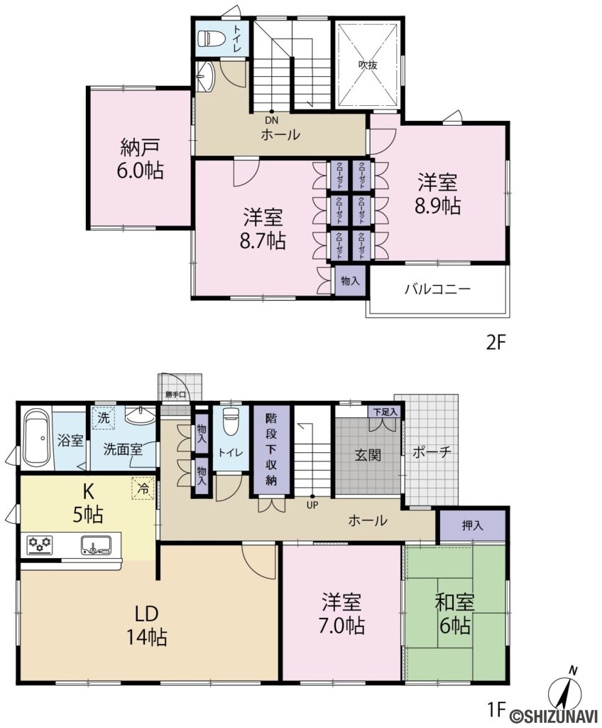 沼津市西島町　中古戸建の中古住宅4LDK＋S（リビングダイニング14帖・キッチン5帖・洋室7.0帖・和室6帖・洋室8.9帖・洋室8.7帖・納戸6.0帖）