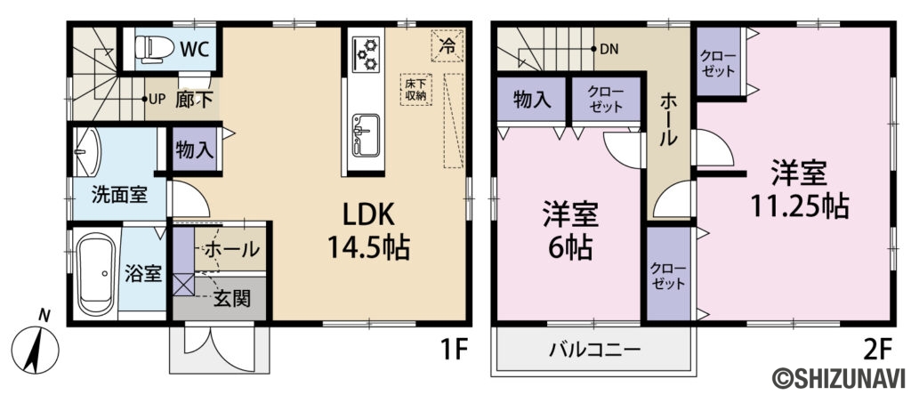 藤枝市藤岡３丁目　中古住宅の2LDK（LDK　14.5帖
洋室　11.25帖(分割可)
洋室　6帖）の間取り図