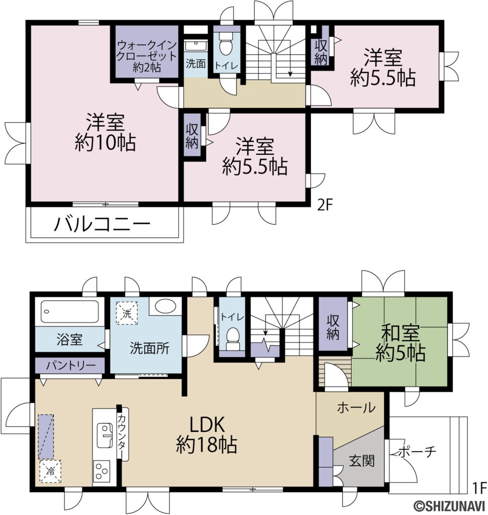 御殿場市中山　中古住宅の中古住宅4LDK（1階：LDK 約18帖・和室 約5帖／
2階：洋室 約10帖＋WIC 約2帖・洋室 約5.5帖・洋室 5.5帖）