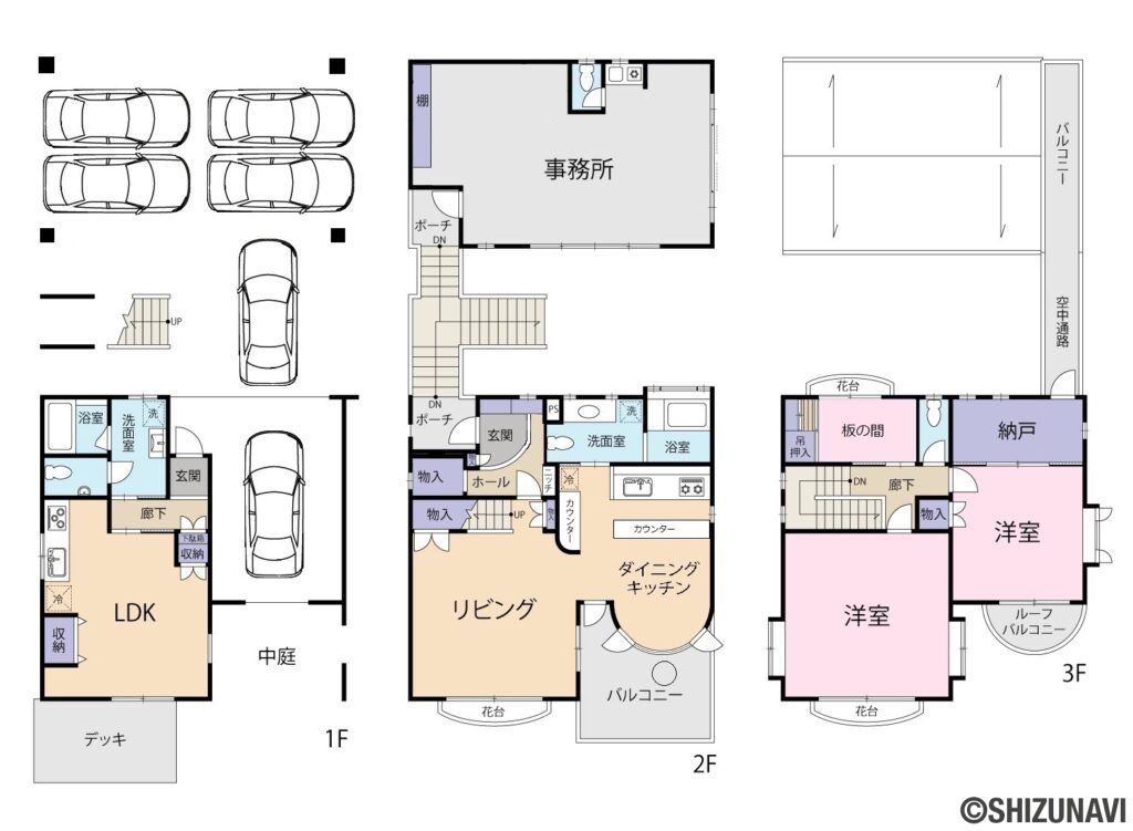 米山町間取の中古住宅2SLDK＋S（1階：1R
2・3階：2SSLDK
事務所：ミニキッチン・トイレ有）