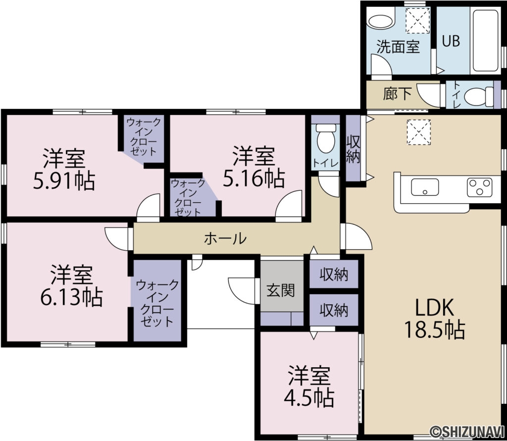 【新築建売住宅】　小山町一色２期　４LDK+WICの4LDK（LDK（18.5帖）、洋室（6.13帖）、洋室（5.91帖）、洋室（5.16帖）、洋室（4.5帖））の間取り図