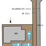 【区画図】敷地と建物の配置を示した図です。前面道路から距離があるため、小さなお子様がいるご家庭でも安心ですね。進入路は隣地の方と合わせて約4ｍあり、落ち着いて駐車できます。