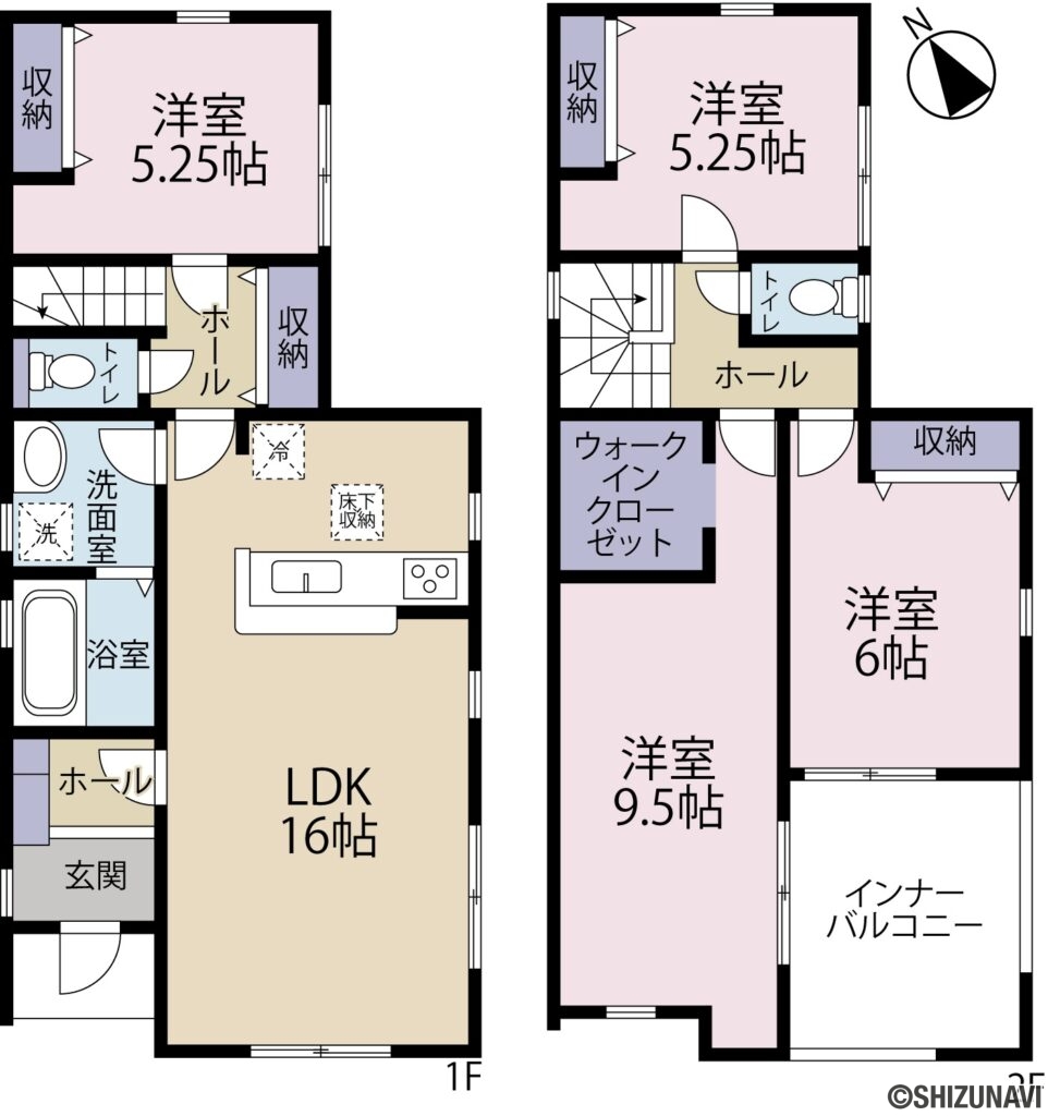 【新築建売住宅】　富士市石坂　４LDK+WICの4LDK（LDK（16帖）、洋室（9.5帖）、洋室（6帖）、洋室（5.25帖）,洋室（5.25帖））の間取り図