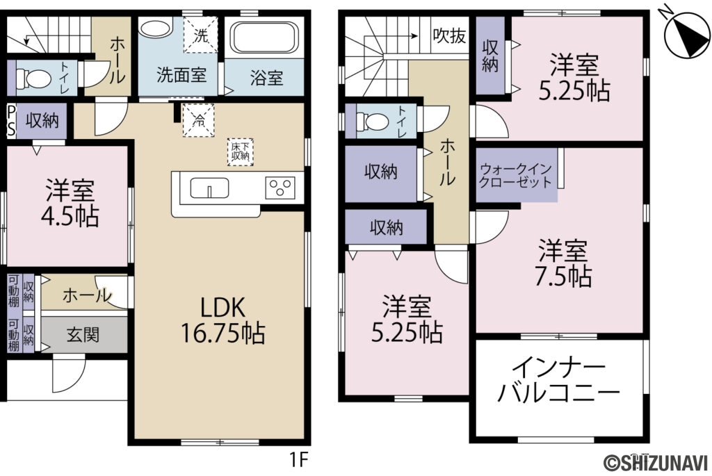 【新築建売住宅】　富士宮市豊町（３号棟）　４LDK+WICの4LDK（LDK（16.75帖）、洋室（7.5帖）、洋室（5.25帖）、洋室（5.25帖）、洋室（4.5帖））の間取り図