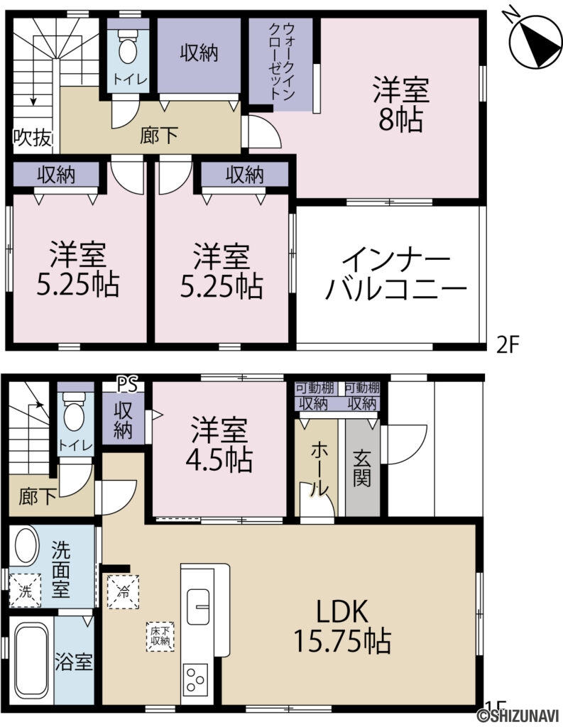 【新築建売住宅】　富士宮市豊町（１号棟）　４LDK+WICの4LDK（LDK（16.75帖）、洋室（8帖）、洋室（5.25帖）、洋室（5.25帖）、洋室（4.5帖））の間取り図