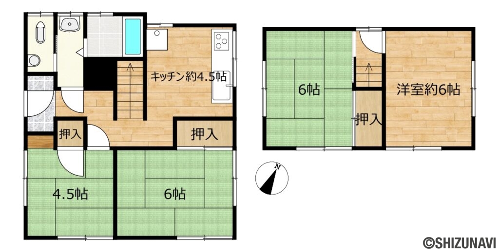 浜松市中央区半田山　中古住宅の中古住宅4K（キッチン約4.5帖、洋室約6帖、和室6帖×2、4.5帖）