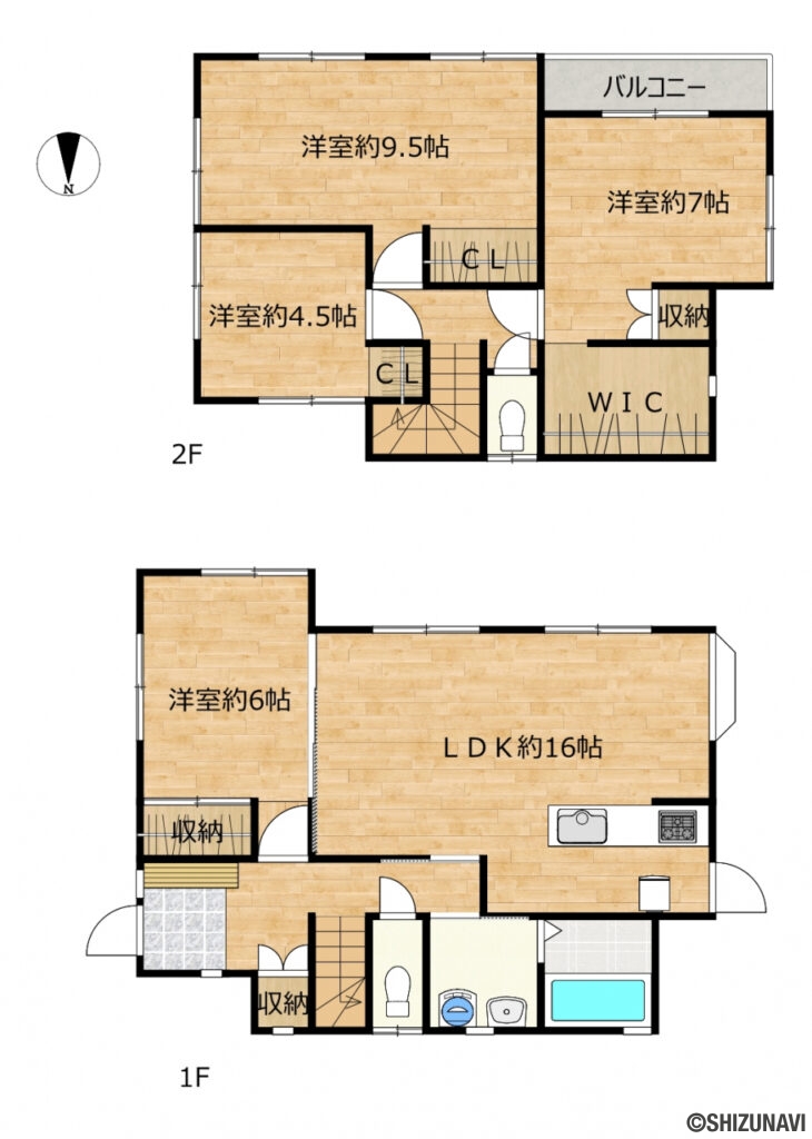 浜松市中央区中郡町　中古住宅の中古住宅4LDK（リビングダイニングキッチン約16帖、洋室約9.5帖・約7帖・約6帖・約4.5帖）
