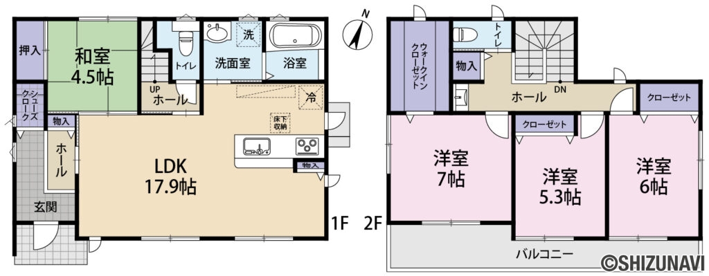 磐田市見付 築浅 中古住宅の中古住宅4LDK（リビングダイニングキッチン約17.9帖、洋室約7帖・6帖・5.3帖、和室4.5帖）