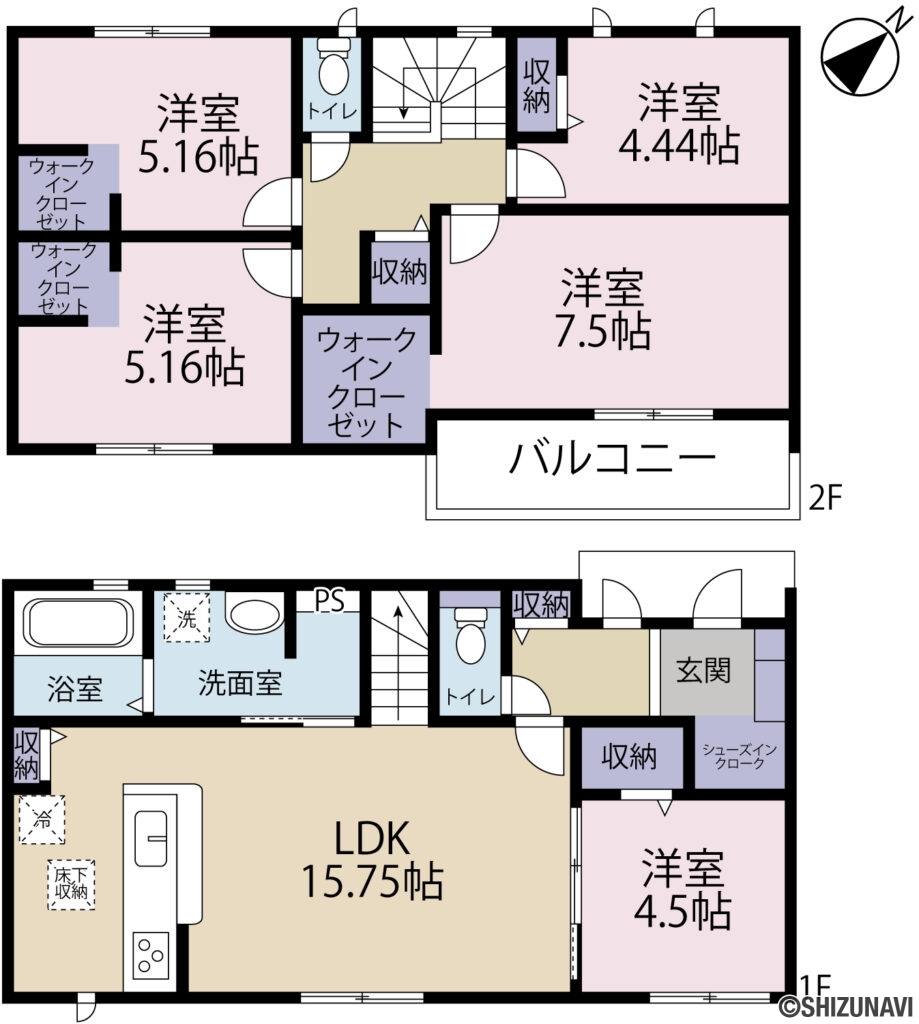 【新築建売住宅】　富士市中丸（１号棟）　5LDK+WICの5LDK（LDK（15.75帖）、洋室（7.5帖）、洋室（5.16帖）、洋室（5.16帖）、洋室（4.5帖）、洋室（4.44帖））の間取り図