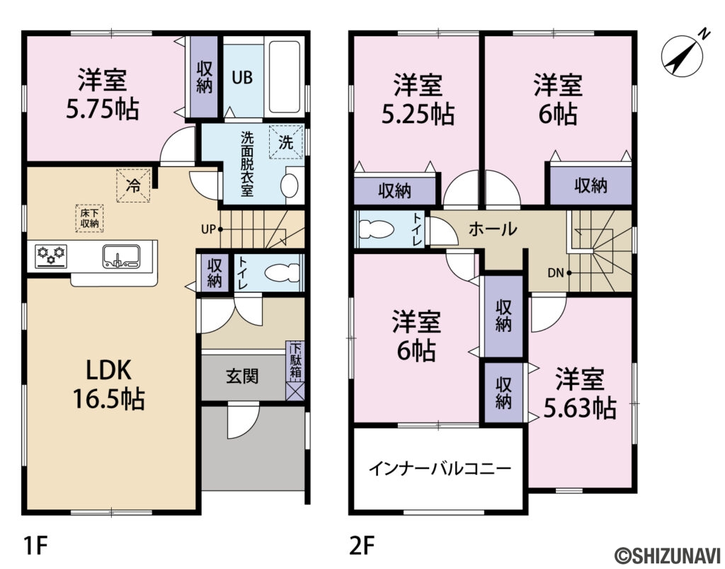 静岡市駿河区小鹿1丁目3期　新築一戸建て　の5LDK（1階：LDK16.5帖、洋室5.75帖
2階：洋室6帖、6帖、5.63帖、5.25帖）の間取り図