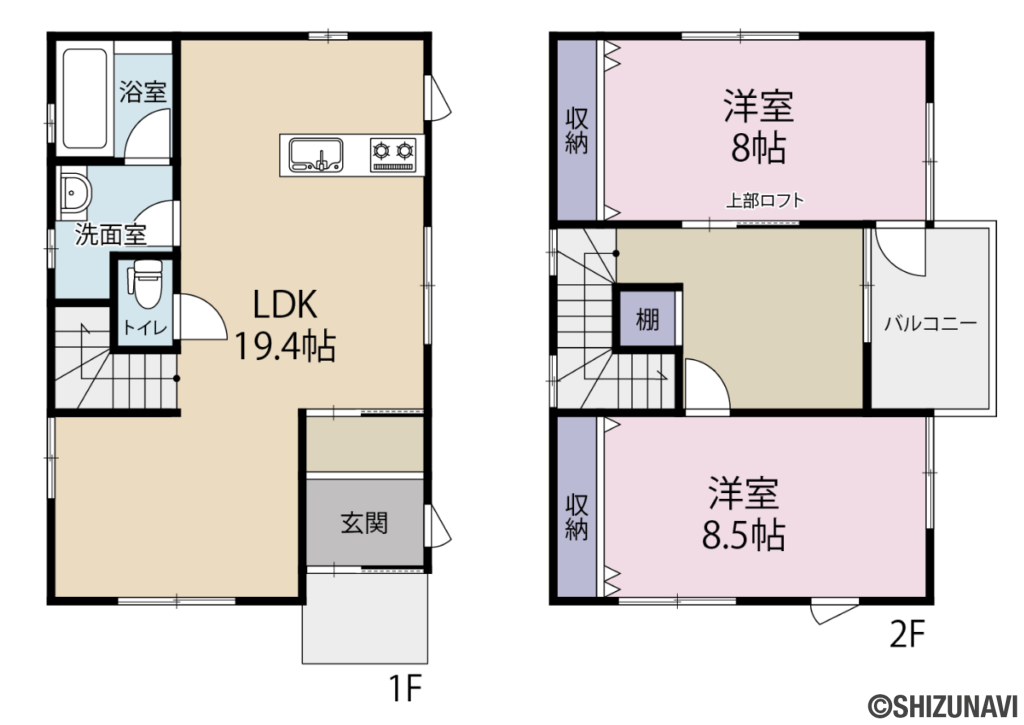 浜松市中央区楊子町　中古住宅の中古住宅2SLDK（リビングダイニングキッチン19.4帖、洋室約8.5帖・約8帖、納戸（ロフト））