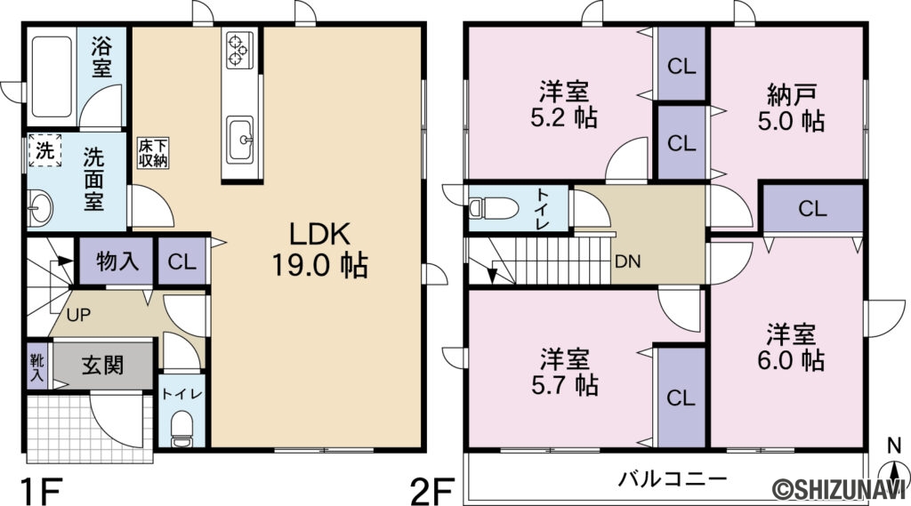 浜松市浜名区小松　新築戸建ての新築一戸建て3LDK＋S（リビングダイニングキッチン約19帖、洋室約6帖・5.7帖・5.2帖、納戸5帖）