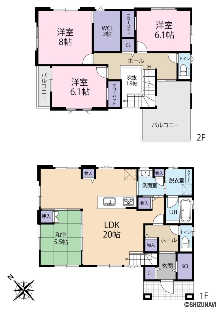 上島の中古住宅4LDK（LDK 約20.0帖
和室　約5.5帖
洋室　約8.0帖
洋室　約6.1帖
洋室　約6.1帖）