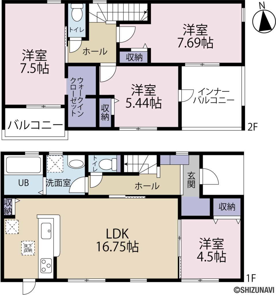 【新築建売住宅】　小山町一色（２号棟）　４LDK+WICの4LDK（LDK（16.75帖）、洋室（7.69帖）、洋室（7.5帖）、洋室（5.44帖）、洋室（4.5帖））の間取り図