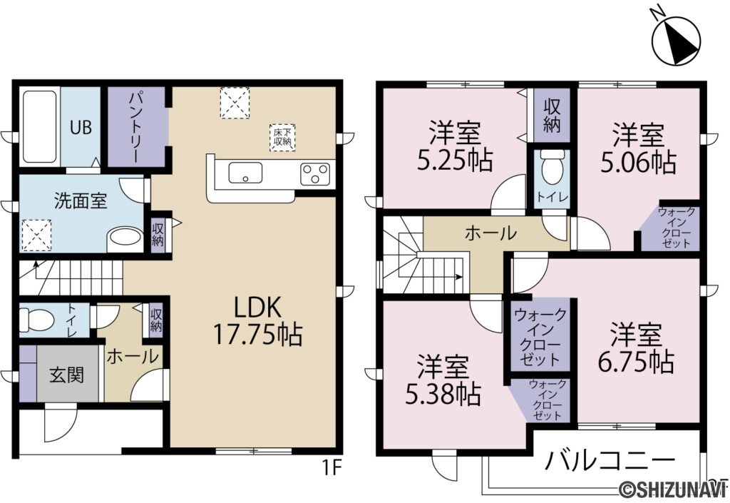 【新築建売住宅】　小山町須走３期　４LDK+WICの4LDK（LDK（17.75帖）、洋室（6.75帖）、洋室（5.38帖）、洋室（5.25帖）、洋室（5.06帖））の間取り図