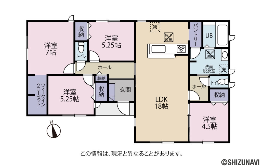 焼津市小川２期　新築一戸建て　4LDK平屋の4LDK（■LDK：18帖
■洋室：7帖・5.25帖×2・4.5帖）の間取り図