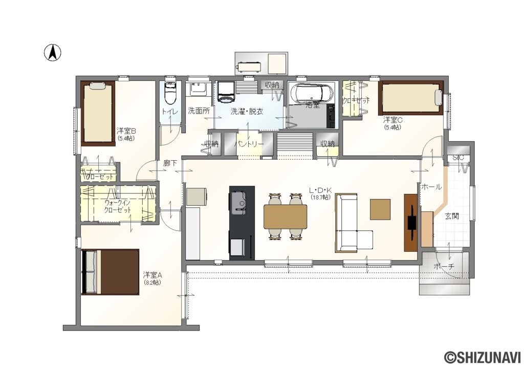 ≪しずなびの分譲住宅≫浜松市中央区三和町【限定1棟】の3LDK＋3S（日常を上質に彩る家. LDKにはデスクトップパソコンも置ける実用的なカウンターを設置し、水回りは回遊性を重視した動線に。便利なパントリースペースや洗濯や脱衣室にはカウンター、収納スペースを充実させることで、多目的に活用できる工夫が施されています。）の間取り図