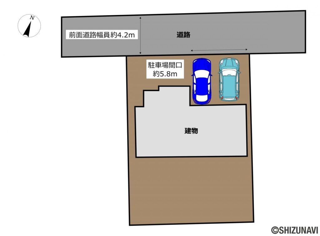 【区画図】前面道路の幅員約4.2ｍ、駐車場間口が約5.8ｍとなっております。団地内で交通量も少ないため落ち着いて駐車することができます。