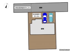 【区画図】前面道路の幅員約4.2ｍ、駐車場間口が約5.8ｍとなっております。団地内で交通量も少ないため落ち着いて駐車することができます。
