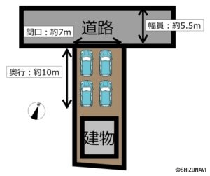 【区画図】敷地や建物、駐車場の配置を示した図です。計４台のお車が駐車可能です。