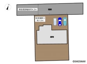 【区画図】前面道路の幅員約4.2ｍ、駐車場間口が約5.8ｍとなっております。団地内で交通量も少ないため落ち着いて駐車することができます。