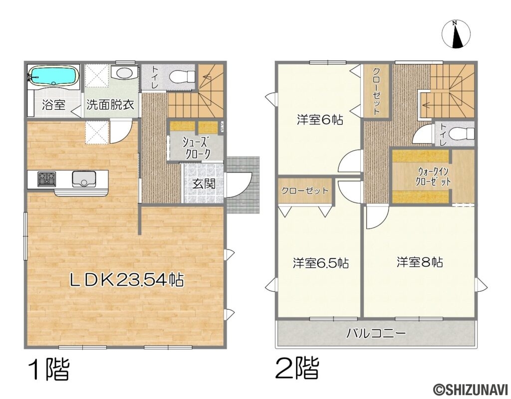 浜松市中央区入野町　新築戸建ての新築一戸建て3LDK（リビングダイニングキッチン約23.54帖、洋室約8帖・約6.5帖・約6帖）