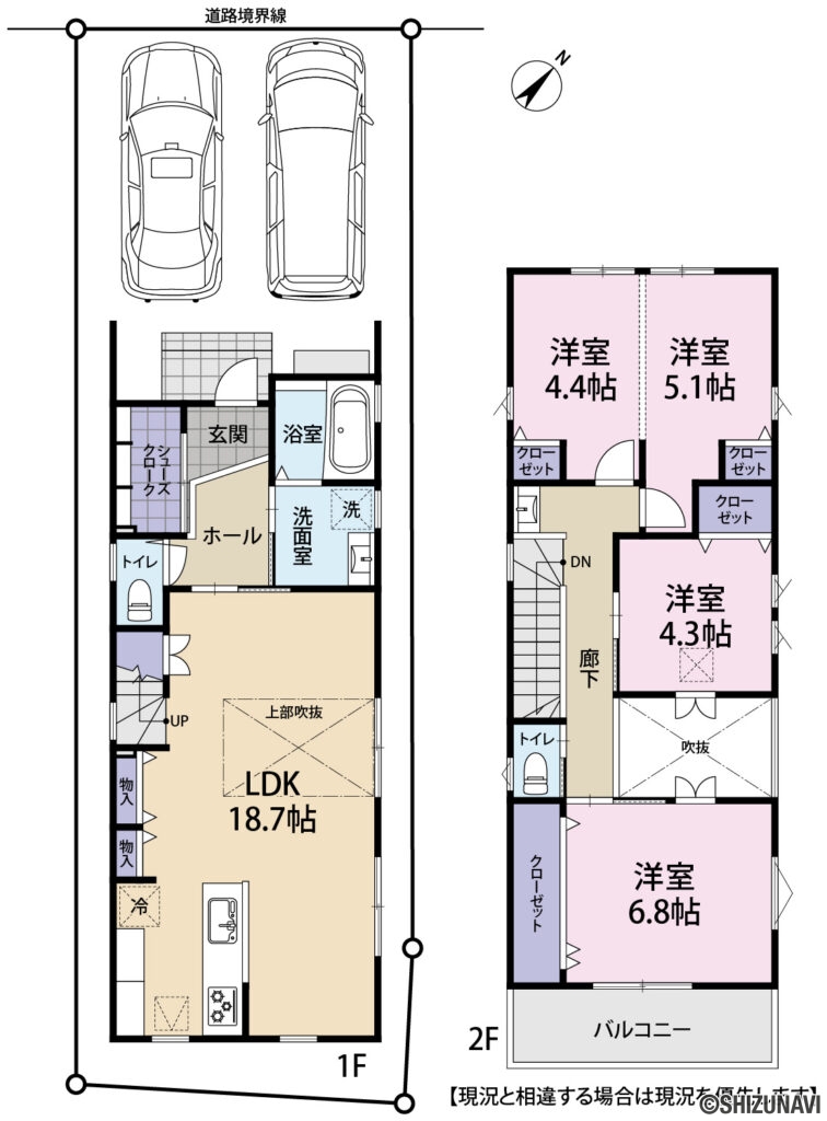 駿河区小黒　間取図の新築一戸建て4LDK（1階：LDK18.7帖
2階：洋室6.8帖、5.1帖、4.4帖、4.3帖）