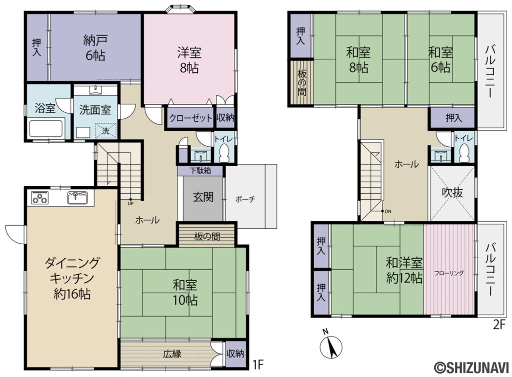 富士市吉原　戸建　間取図の中古住宅5SDK（1階 ダイニングキッチン約16帖、和室10帖、洋室8帖、納戸6帖　2階 和洋室約12帖、和室8帖、和室6帖）