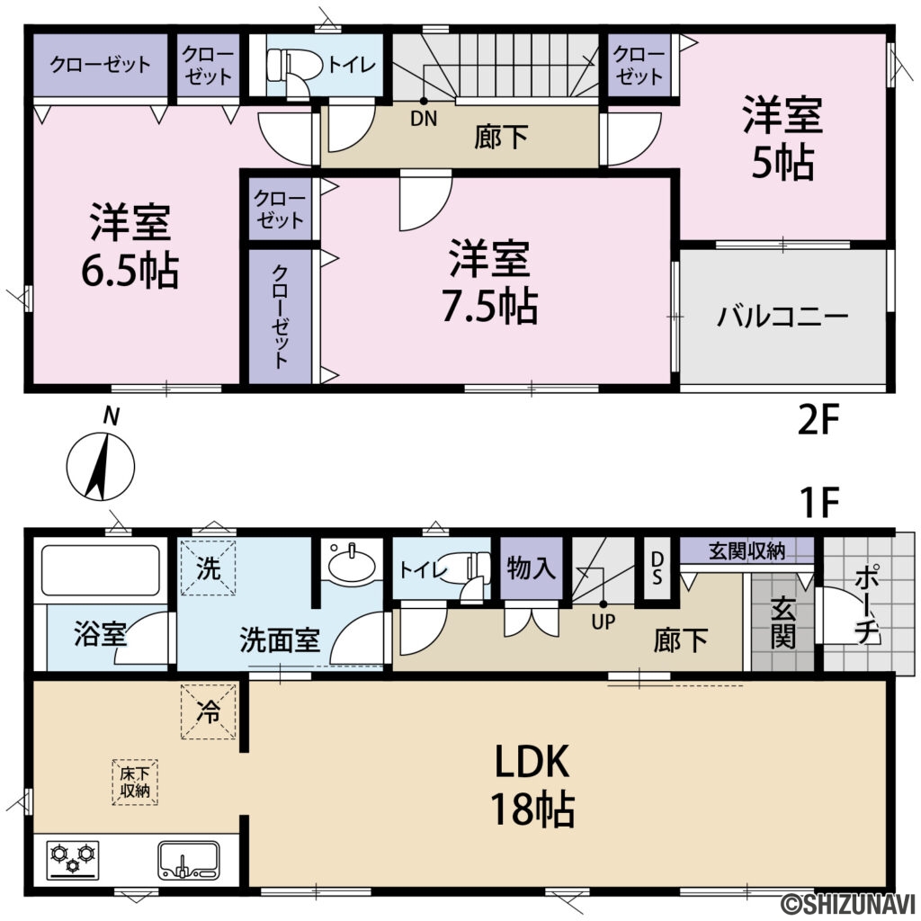 【新築建売住宅】三島市谷田第1４（１号棟） 3LDKの3LDK（LDK（18帖）、洋室（7.5帖）、洋室（6.5帖）、洋室（5帖））の間取り図