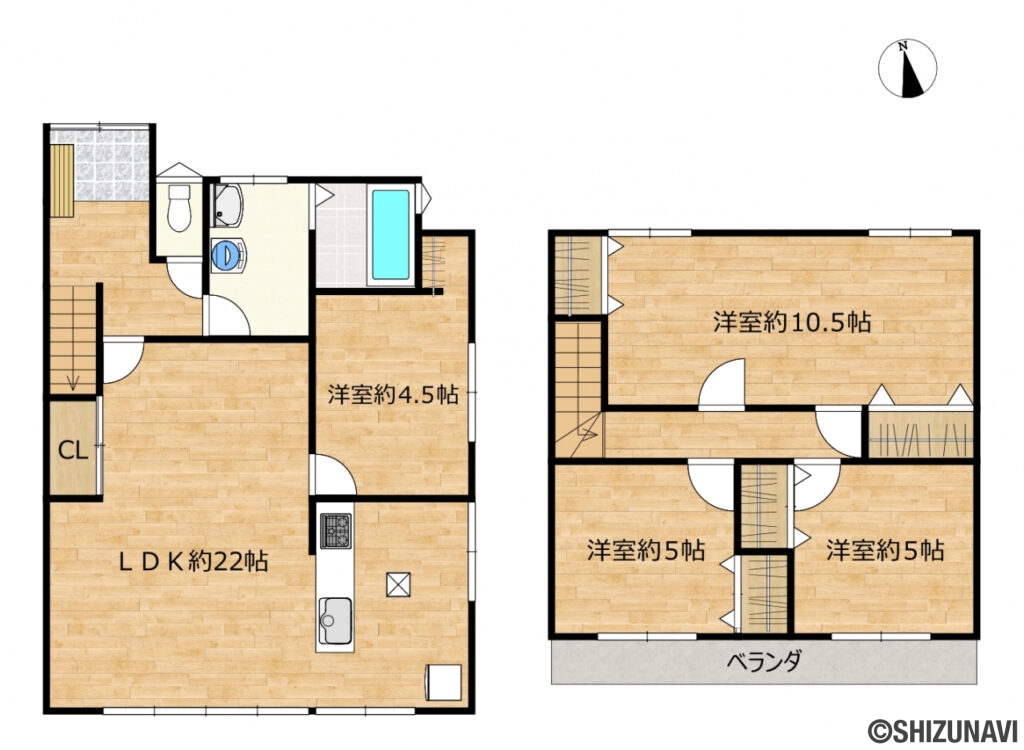 浜松市中央区蜆塚　中古住宅の中古住宅4LDK（リビングダイニングキッチン約22帖、洋室約10.5帖・約5帖・約5帖・約4.5帖）