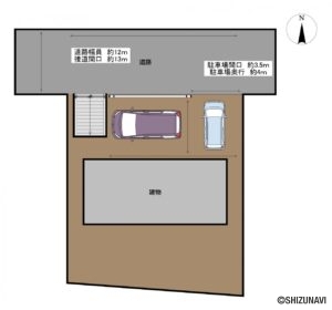 【区画図】駐車場は敷地北側に2台分の用意がございます。間口拡張を行い、車の出し入れがしやすくなるよう工事予定です。