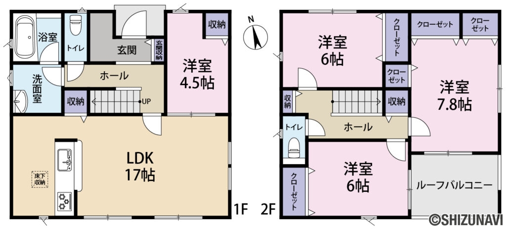 磐田市見付　新築戸建ての新築一戸建て4LDK（LDK約17帖、洋室約7.8帖・約6帖・約6帖・約4.5帖）